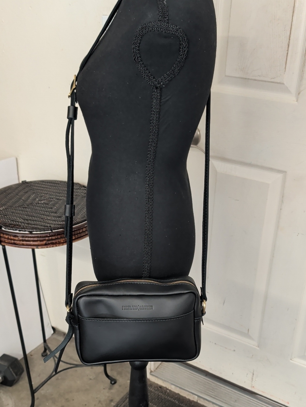 Portland Leather Goods Black Leather Camera Crossbody Bag Gold Hardware